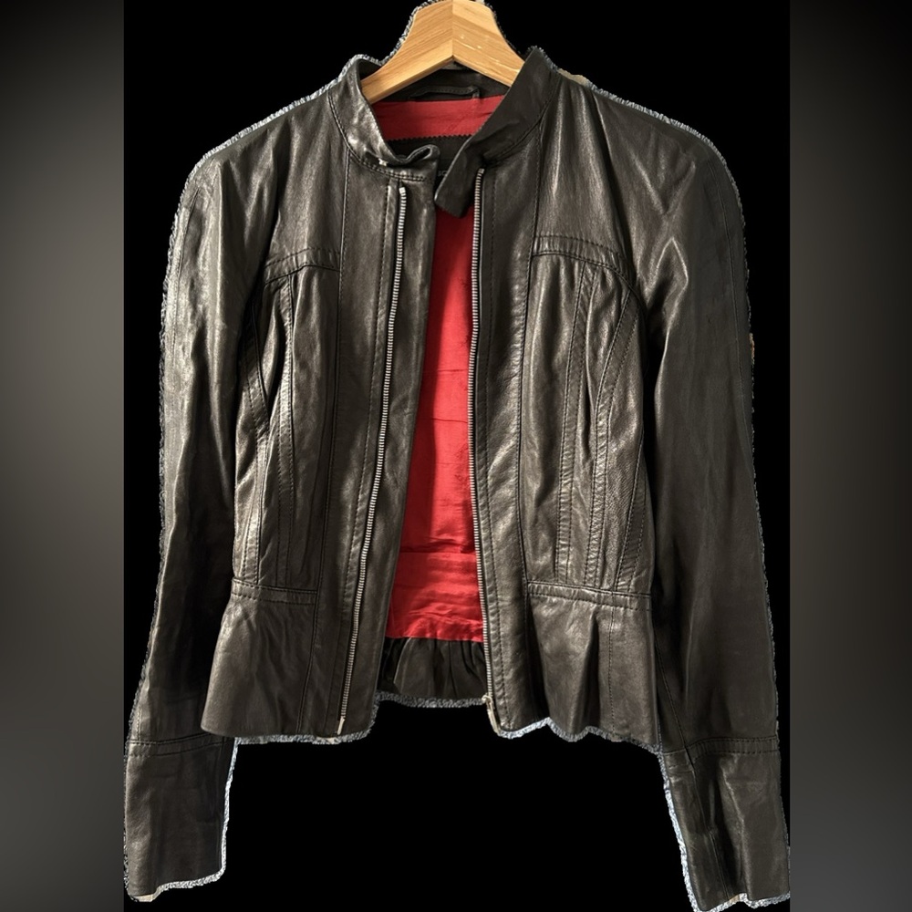 DSQUARED² Black Leather Vintage Moto Jacket - Ruffle Hem, Red Lining, Size 40